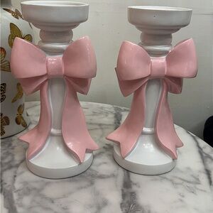 Pink Bow Ceramic Candle Holders - Decorative Home Accent